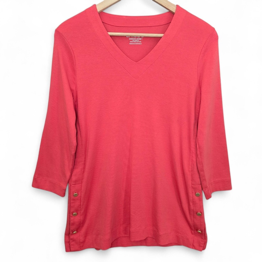 Chicos Top Womens 1 US Medium Pink V Neck Pima Cotton Tunic 3/4‎ Sleeve Casual